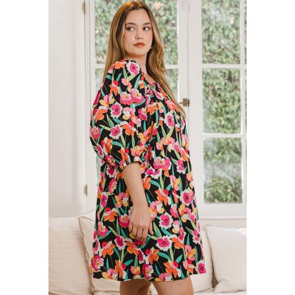 ODDI Floral Puff Half Sleeve Mini Dress Retro Flower Pattern Size Small Pockets - Picture 10 of 12